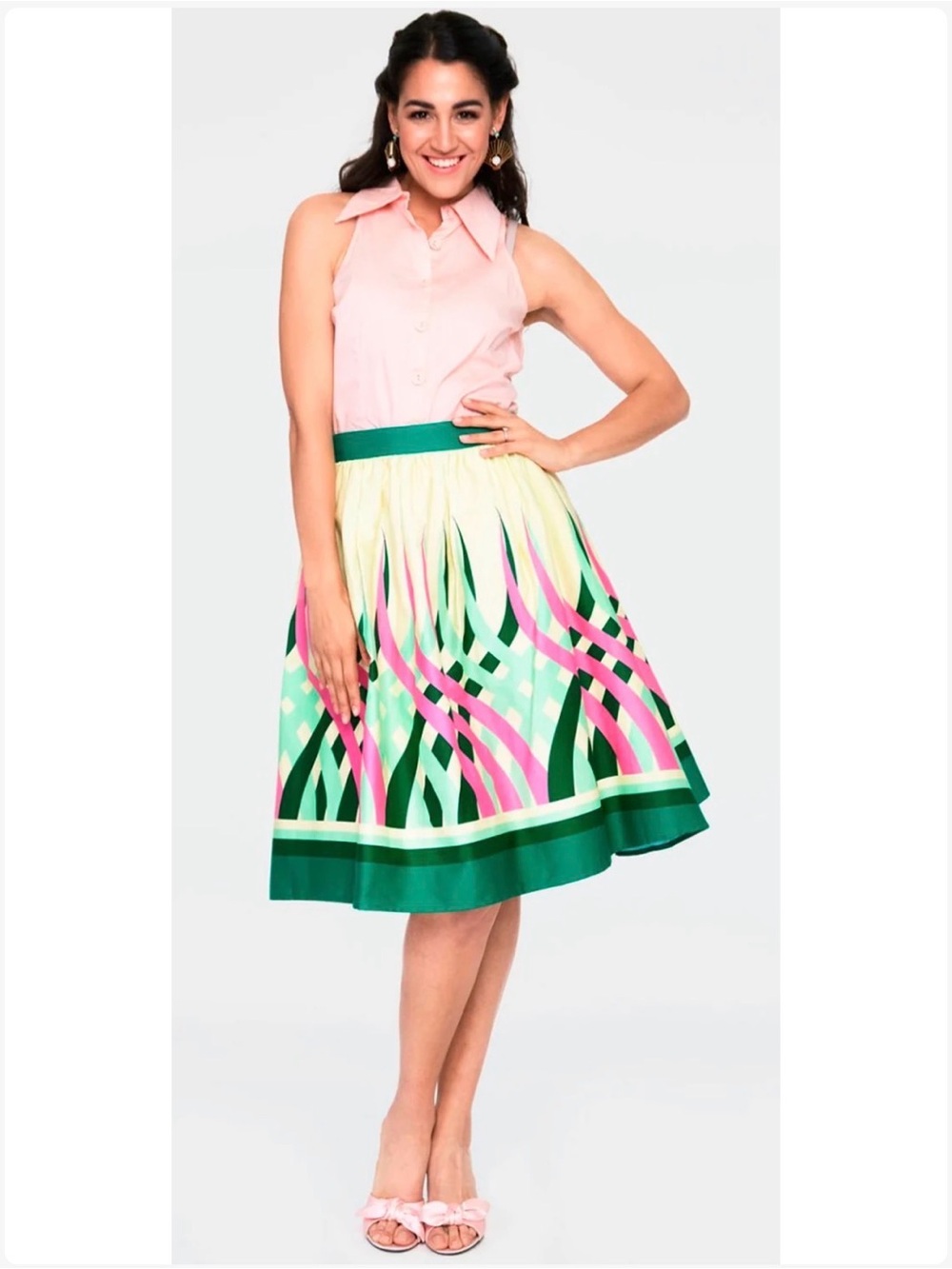 Voodoo Vixen Green, Pink & Butter Yellow A-Line Skirt with Pockets- XL
